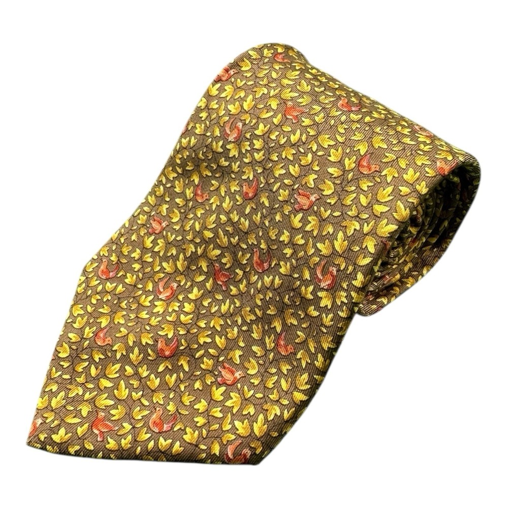 Salvatore Ferragamo Fall Theme Leaves Bird Silk Men'sβ Tie 3.75 Inch Width